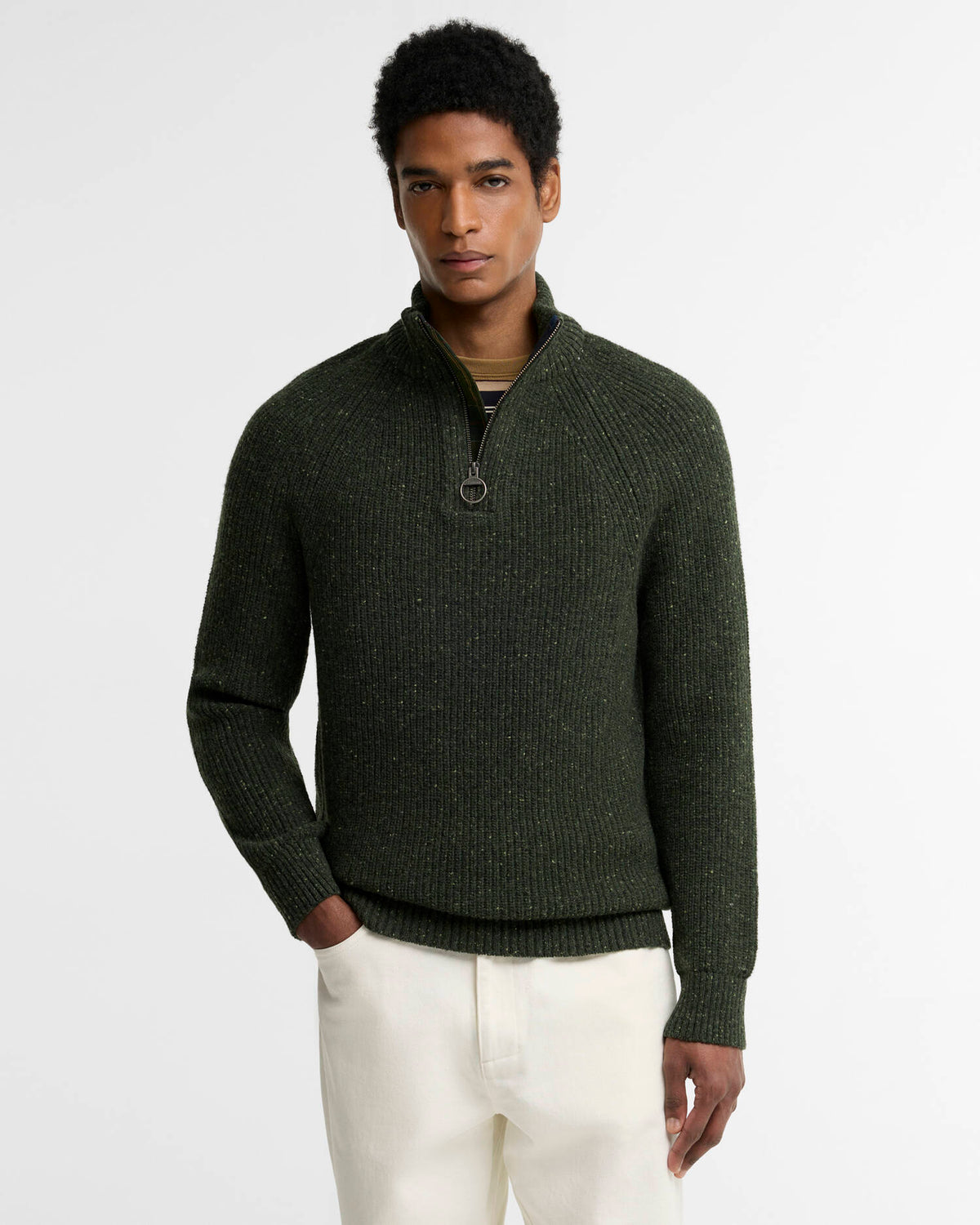 Essentials Fleck Wool Half-Zip Jumper Olive